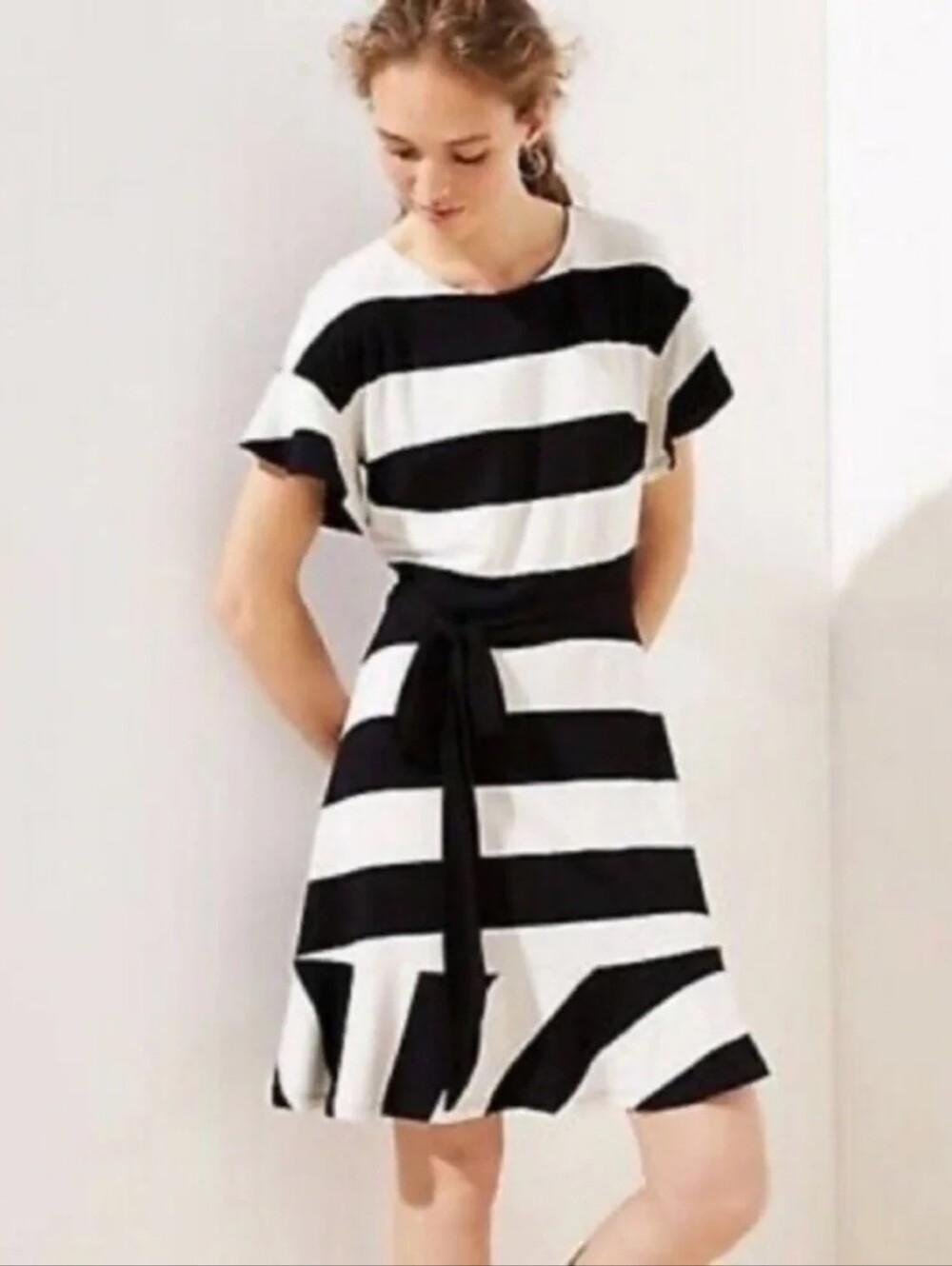 LOFT Black and White Striped Midi Dress